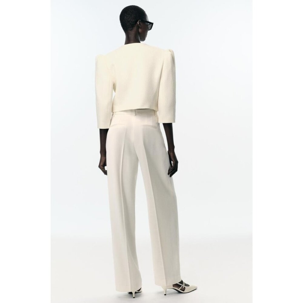 Zara Womens Pants S Ivory Pleated Straight Leg Trousers High Waist 9072/580 NWT - Picture 2 of 16